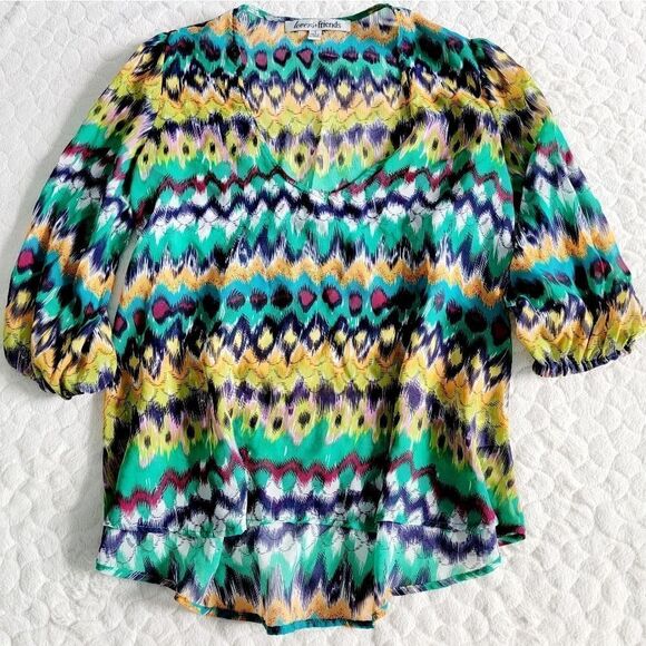 Lovers + Friends Revolve chiffon top 3/4 sleeve tribal striped colorful artsy S - Picture 1 of 9